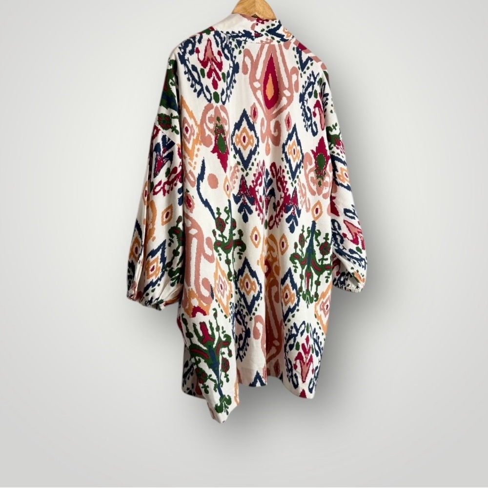 Zara The Hanoi Open Kimono Ikat Print Womens Size Medium Pockets Linen Blend EUC - Picture 5 of 9